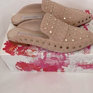 Beige Suede Slip on Low Heel Shoe. Metal studs.